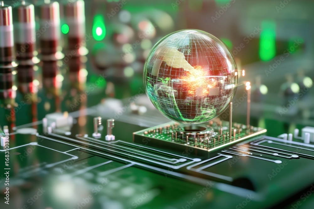 Poster high-tech circuit board with a glowing globe representing global connectivity and technology