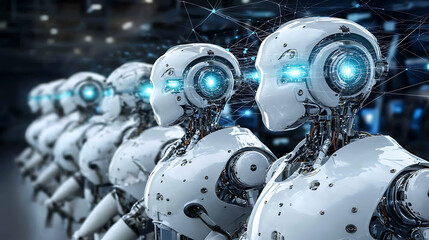 Fototapeta premium Row of Advanced Robots with Illuminated Eyes in a Futuristic Setting