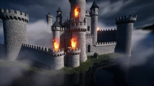 Video estilo cinematogr&aacute;fico, vista a&eacute;rea desde dron, de un castillo medieval en la noche, rodeado por un foso oscuro que refleja la luz de la luna.