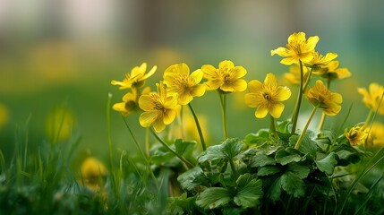Bright yellow flowers with detailed petals stand amidst green grass and foliage in a blurred natural setting