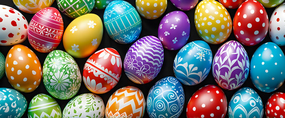 Colorful Easter eggs. Decorative painted eggs for Easter celebration. Traditional Easter holiday eggs with patterns.