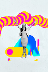 3d sketch image vertical collage of happy businesswoman businessman stand colorful geometric figure...