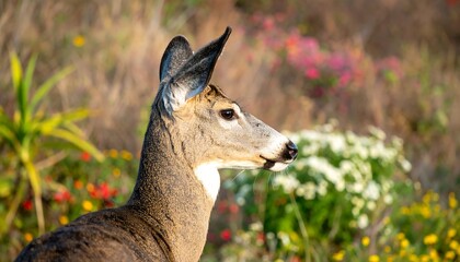 Profile of a Deer in Natural Habitat with Colorful Floral Background