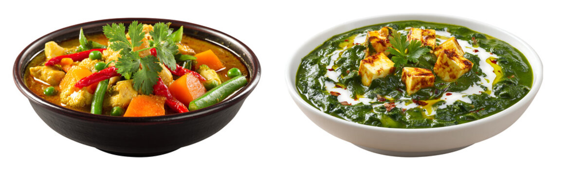 Two bowls of indian cuisine featuring chicken curry and saag paneer on a white background isolated