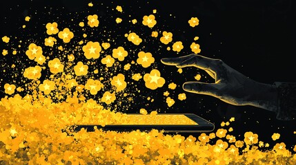 Tablet with glowing flowers and a reaching hand in dark, painted style