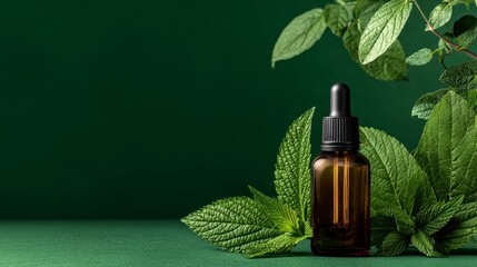 Brown dropper bottle surrounded by vibrant green leaves set against a complementary dark green background