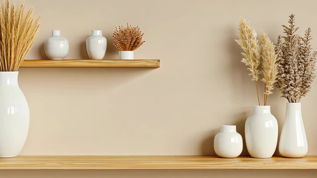 Stylish display of vases filled with dried flowers creates a calming atmosphere in a modern interior setting