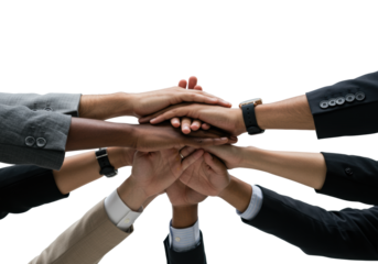 Diverse human hands in business attire huddle, interlocked on a transparent studio background, symbolizing teamwork, unity, and collaboration. Concept of diverse collaboration and collective