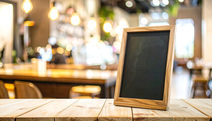 Blank wooden frame chalkboard on a rustic table with a blurred cafe or restaurant background, ideal for a menu mockup or special announcement