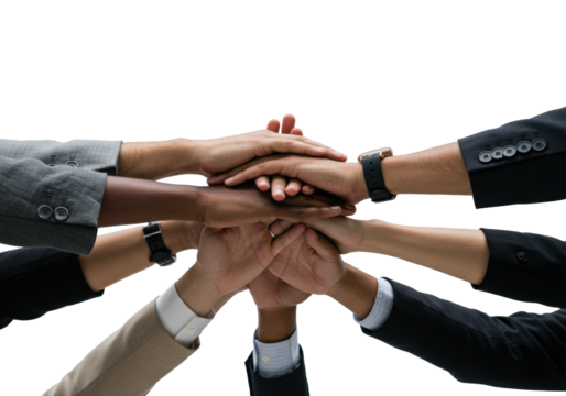 Diverse human hands in business attire huddle, interlocked on a transparent studio background, symbolizing teamwork, unity, and collaboration. Concept of diverse collaboration and collective - Powered by Adobe