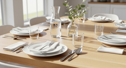 A minimalist and modern dining table setting, perfect for a casual family meal or a brunch with friends. The natural light wood table is set with clean white plates, simple glassware, and crisp linen 
