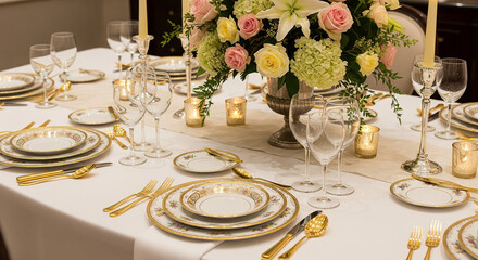 Fototapeta premium An elegant and luxurious table setting for a special event, such as a wedding reception or gala dinner. The white tablecloth provides a pristine backdrop for the intricate gold-rimmed china