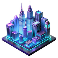 Futuristic neon cityscape with tall skyscrapers isolated on transparent background
