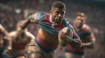 Rugby player running with the ball during a match, wearing a colorful striped jersey, intense action, stadium background