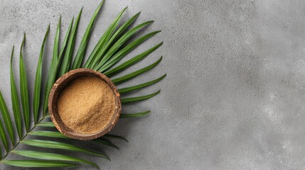 Brown sugar in coconut bowl on palm leaf against a grey textured background