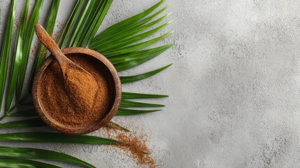 Brown sugar fills a wooden bowl with a wooden spoon nestled among vibrant green palm fronds on a textured gray surface