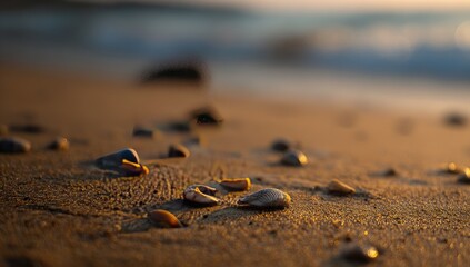 Close-up of seashells and pebbles on sandy beach at sunrise