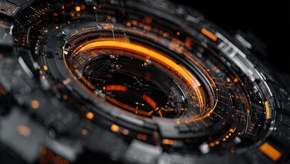 Complex, concentric, technological rings with orange highlights.  Close-up view of intricate circular patterns and mechanical elements