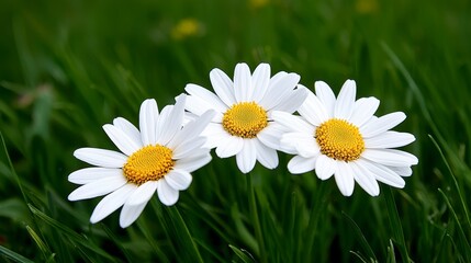 Fototapeta premium A beautiful hand holding a daisy flower in a green countryside field. This serene landscape showcases nature's charm.