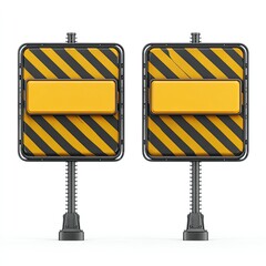 Two yellow and black caution signs, square with striped panels and blank rectangular area