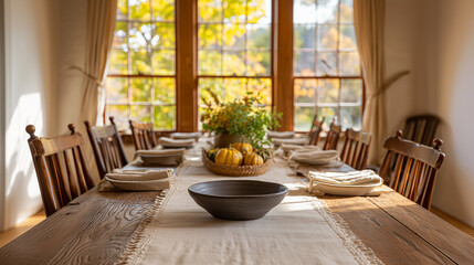Cozy Thanksgiving table with pumpkins and warm atmosphere