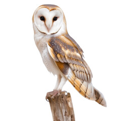 Majestic barn owl perched gracefully on a weathered wooden post against a black backdrop