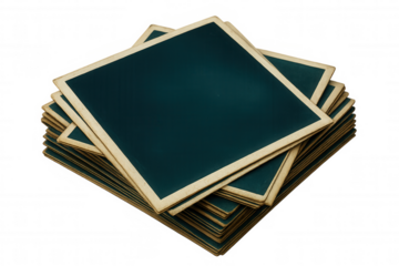 Vintage photo prints with teal green centers and cream borders stacked, offering copy space on a transparent background