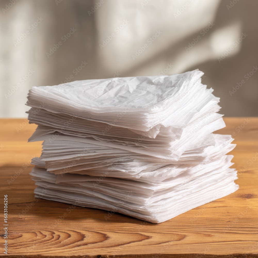 Poster a neatly stacked pile of white tissue paper sheets on a wooden table, soft texture highlighted with 