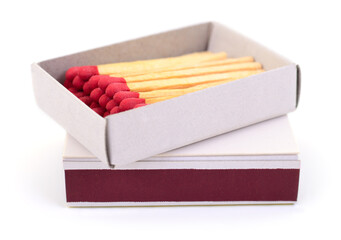 Box of matches with red match heads isolated on white background