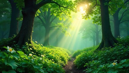 Lush green forest teeming with life, sunlight dappling through the canopy, creating a magical atmosphere Perfect for nature, environmental, and travel themes , summer, peaceful, background