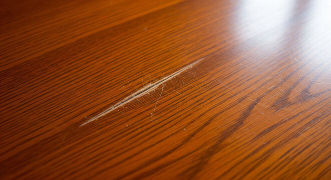 A clear, visible scratch cuts across a polished, warm brown wooden surface, likely a table or floor. The damage stands out against the smooth wood grain