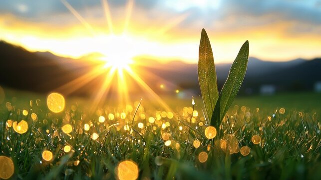 A breathtaking sunrise in the mountains, illuminating the meadow with golden bokeh and refreshing rays of sunlight.