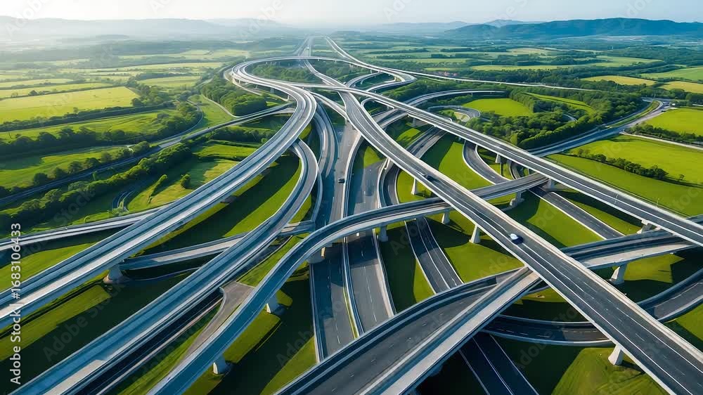 Poster aerial view of massive multilane highway interchange with overpasses and flyovers surrounded by gree