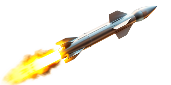 Silver missile rocket with bright orange fire trail isolated on a transparent background