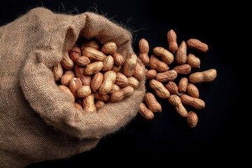 Burlap sack overflowing with peanuts against a dark background