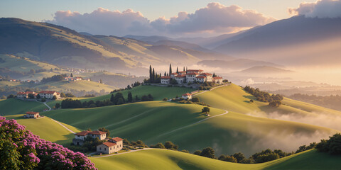 A village on a hill in the morning with fog, the background is sky and clouds. AI generated.