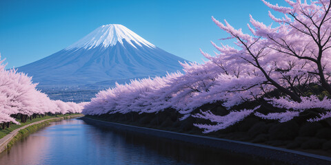 A river and cherry trees, with Japan's Mount Fuji as a background. AI generated.