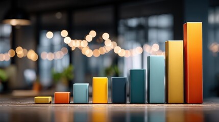 Colorful bar chart showing upward trend and financial growth in a modern office setting with bokeh lights in the background, representing business success