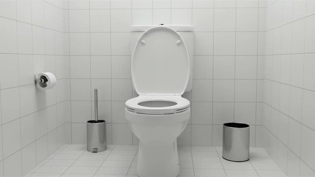 An open white toilet is centered in a tiled bathroom setting