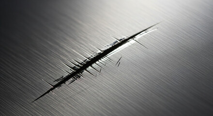 A harsh, deep scratch cuts diagonally across a textured, brushed metal surface. The damage is highly visible, with light reflecting off the edges of the groove and the splintered metal fragments