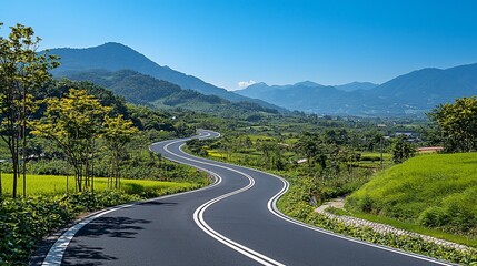 Winding road through green hills and valley under a clear blue sky