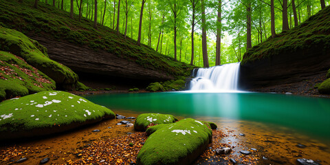 Beautiful waterfall scenery with clear water and green trees in the background. AI generated.