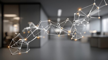 Abstract network of glowing nodes and lines connecting in a blurred office hallway, representing data or connections