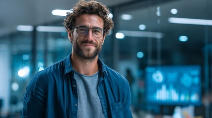 Portrait of a confident bearded man with glasses and curly hair smiling in a modern office