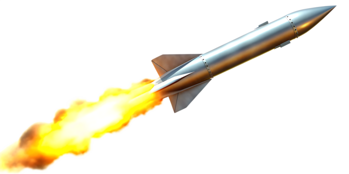 a missile rocket with fire trail isolated on white background PNG. GENERATIVE AI - Powered by Adobe