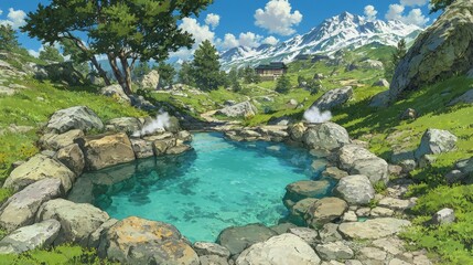A crystal clear turquoise mountain pool surrounded by rocks and lush green grass, with snowcapped mountains in the background