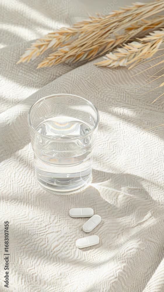 Poster a calm setting features a glass filled with water and three pills resting on soft fabric under gentl