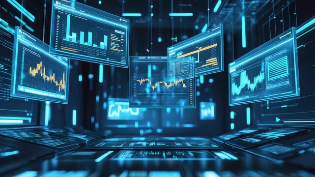 Digital screens with glowing data charts and financial graphs floating in cyber space environment displaying analytics and technology flow - Powered by Adobe