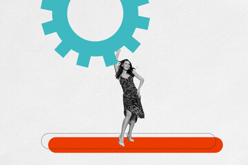 Banner 3d artwork poster collage of happy businesswoman push gearwheel optimization purpose...