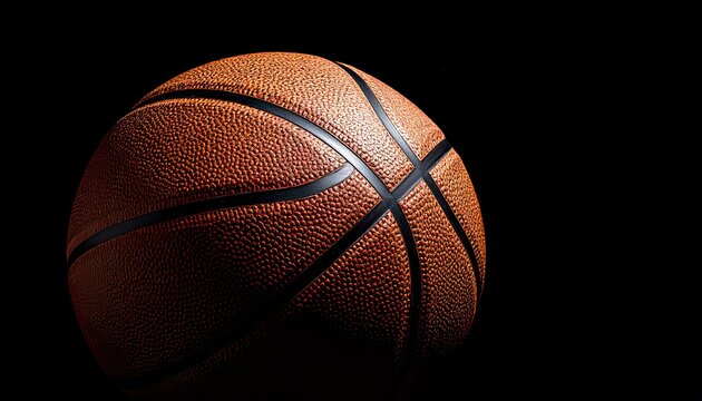 A classic orange basketball with pebbled texture is dramatically lit from the side against a solid black background.